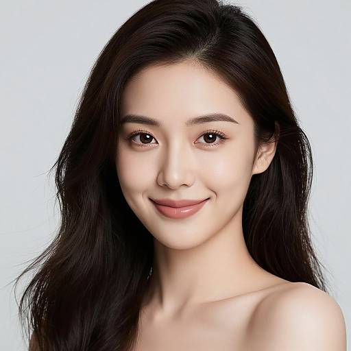 Photorealistic portrait of an Asian woman with long black hair, fair skin, and a gentle smile, against a plain white background.