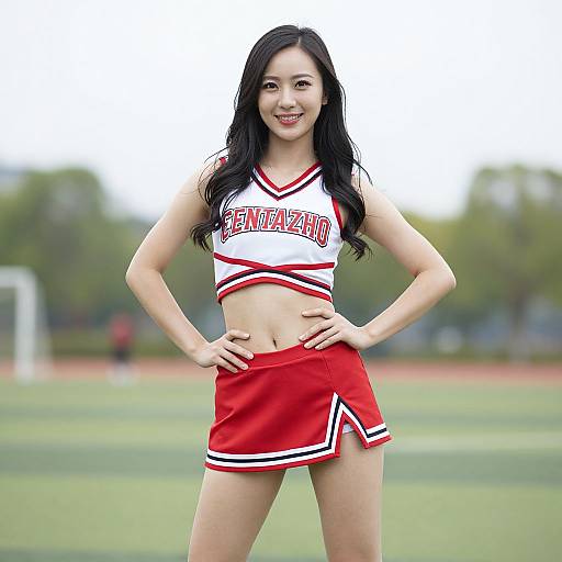 Photograph of a smiling Asian woman with long black hair, wearing a white and red cheerleader outfit, standing confidently on a grassy field.