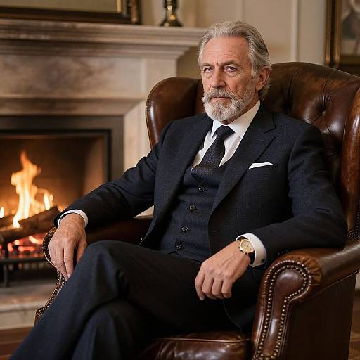 Photograph of an older white man with gray hair and beard, wearing a black three-piece suit, white shirt, and black tie, sitting in a