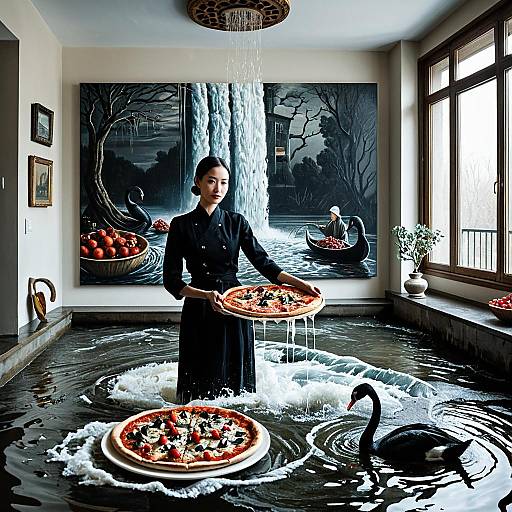 Woman Holding Pizza in Flooded Apartment with Black Swans