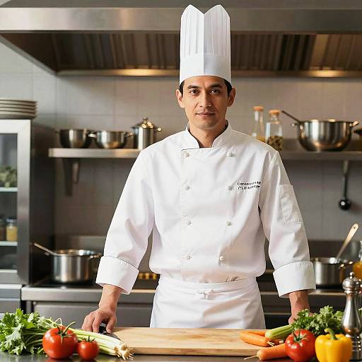 Photograph of a male chef in a white uniform and tall hat, standing in a professional kitchen, chopping colorful vegetables on a wooden board.