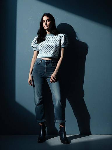 Woman in Polka Dot Sweater and Jeans