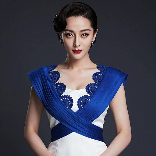 Photograph of an elegant East Asian woman with fair skin, black hair in an updo, wearing a blue and white dress with intricate blue embroidery,