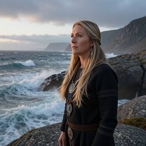 Photograph of a blonde woman with long hair, wearing a black dress with circular patterns, standing on rocky coastline at sunset, waves crashing in background.