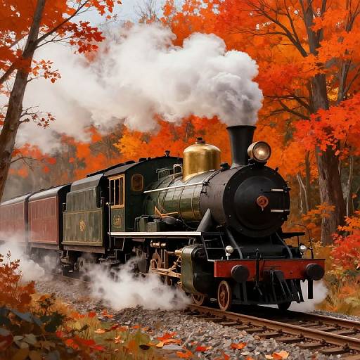Vintage black steam locomotive with white smoke, passing through vibrant autumn forest with fiery red and orange leaves. Photorealistic digital artwork.