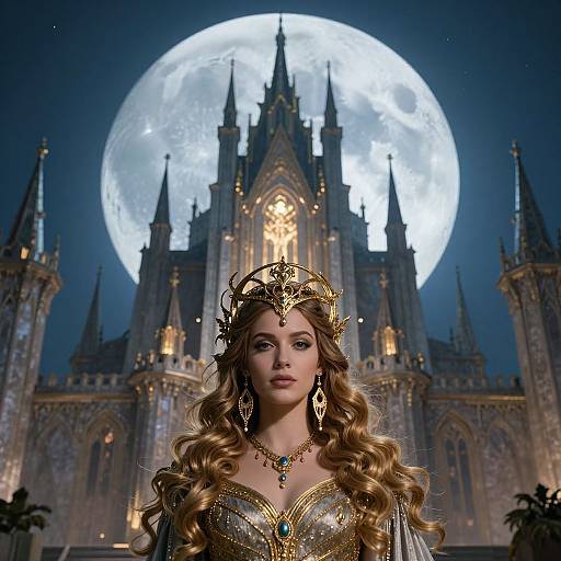 Regal Woman with Golden Crown in Front of Gothic Castle and Full Moon