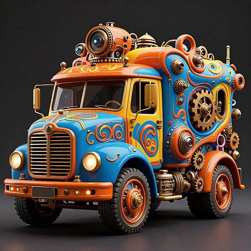 Vibrant, steampunk-style truck with blue, orange, and yellow colors, adorned with intricate gears, pipes, and whimsical patterns,