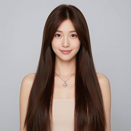 Photograph of an Asian woman with long, straight black hair, fair skin, wearing a white top, and a silver heart necklace, smiling softly against