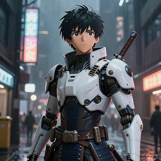 Futuristic Android Samurai in Neon Rain