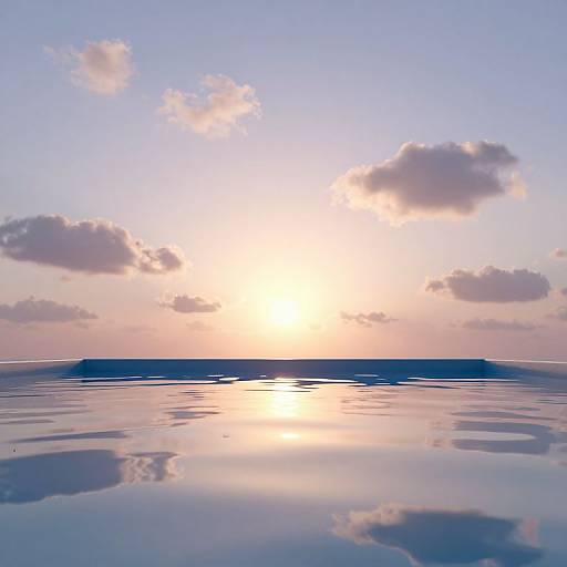 Photograph of a serene sunset over a calm, reflective ocean with soft pink, orange, and blue hues, scattered clouds, and a distant silhou