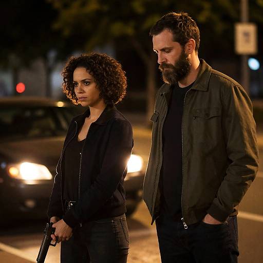 Two People in Urban Nighttime with Gun