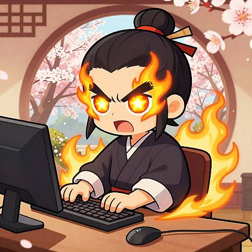 Chibi anime girl with black hair in a bun, fiery eyes, and black kimono, typing on a computer with flames surrounding her, in a