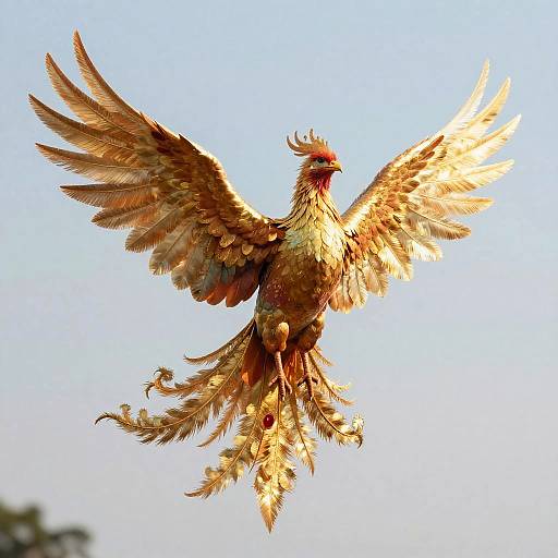 Golden phoenix with outstretched wings, detailed feathers, and red crest, soaring against a clear blue sky, photographed in vivid detail.