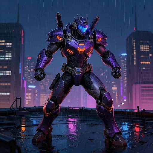 Digital artwork of a glowing blue-eyed, purple and orange armored robot standing on a rainy city rooftop with neon-lit skyscrapers.