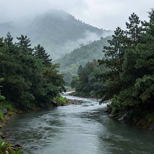 Photograph of a misty, green forested river valley with a flowing river, surrounded by dense trees, and mist-covered mountains in the background.