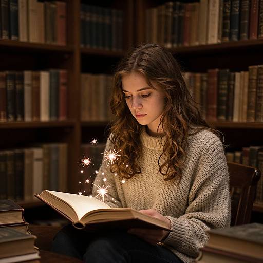 Photograph of a young woman with long brown hair, wearing a beige sweater, reading an open book illuminated by magical sparkles in a dimly lit