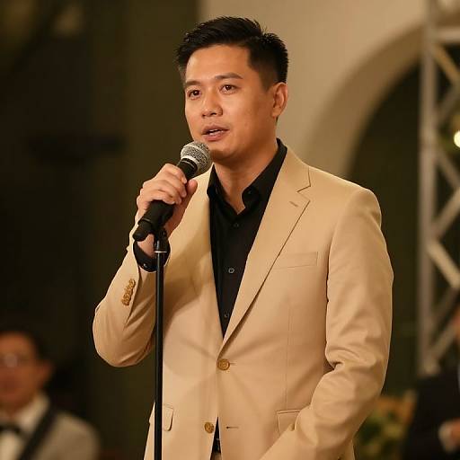 Photograph of an Asian man with short black hair, wearing a beige blazer and black shirt, holding a microphone, speaking on stage. Blurred
