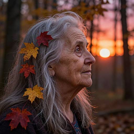 Photograph of an elderly woman with long silver hair, adorned with red and yellow autumn leaves, gazing at a vibrant sunset in a forest.