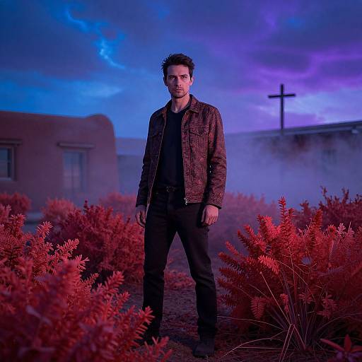 Photograph of a serious man in a dark jacket, standing in a vibrant red-leafed garden at dusk, with a purple-blue sky and a