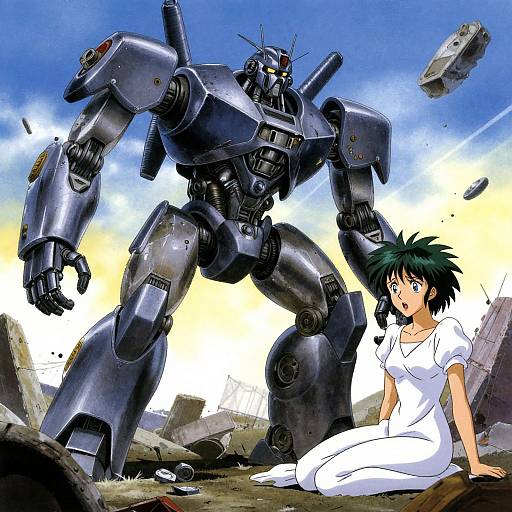 Anime-style drawing of a shocked girl in a white dress sitting at a robot's feet amidst a ruined, debris-filled landscape.