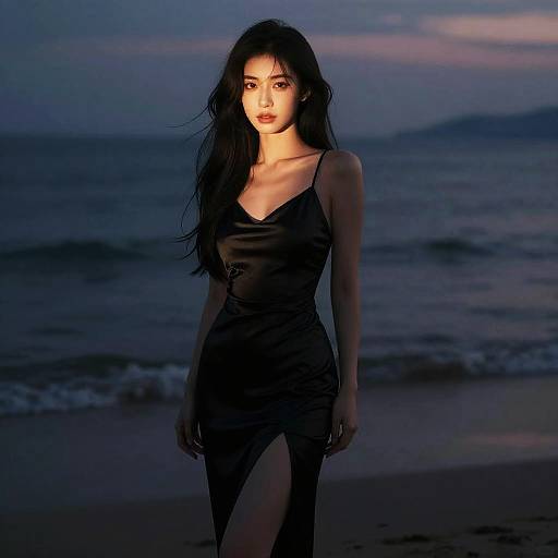 Woman in black evening dress on beach at dawn