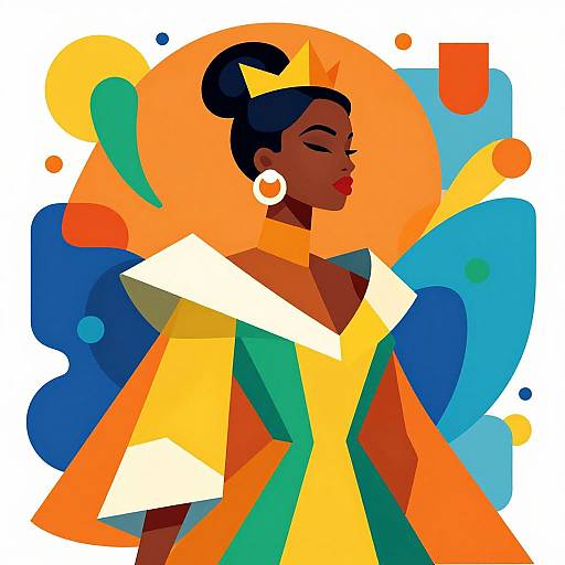 Digital illustration of a dark-skinned woman with a crown, white earrings, and geometric-patterned orange-green-yellow dress, set against a colorful abstract background