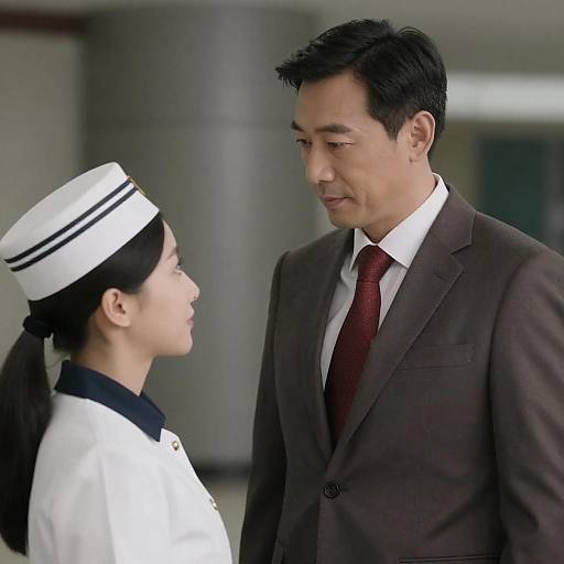 Man in Suit and Woman in Uniform Facing Each Other