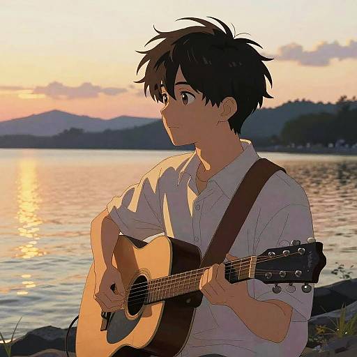 Digital anime-style drawing of a young man with short black hair, wearing a white shirt, playing an acoustic guitar at sunset by a serene lake.