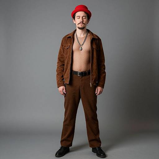 Photograph of a bearded man with red beret, brown suede jacket, mesh shirt, brown pants, black shoes, and necklace, standing against