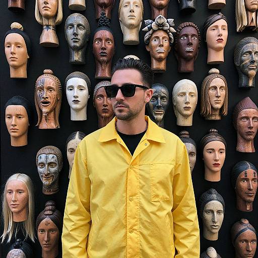 Man in Yellow Jacket Among Faces