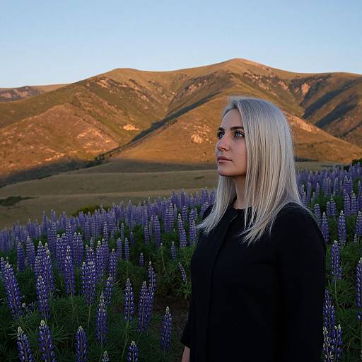 Photograph of a blonde woman with straight hair, wearing a black top, standing in a vibrant purple lupine field, with sunlit hills in the