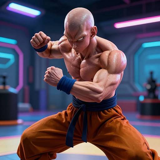 CGI image of a bald, muscular, sweat-covered male warrior in orange martial arts pants and blue wristbands, striking a fighting stance in a neon