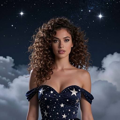 Photograph of a curly-haired woman with fair skin wearing an off-shoulder, star-patterned navy dress against a starry night sky with clouds