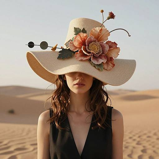 Photograph of a woman with wavy brown hair, wearing a large white sunhat adorned with pink and orange flowers, black sleeveless dress, standing