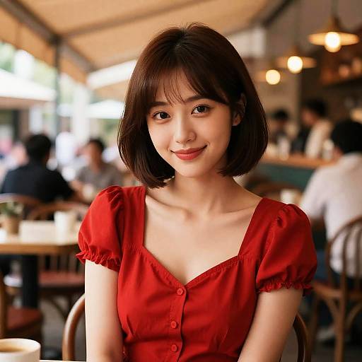 Cafe Elegance: Woman in Red Dress