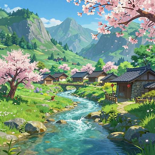 Digital art of a vibrant, sunny mountain village with cherry blossoms, wooden houses, a flowing stream, and lush greenery.
