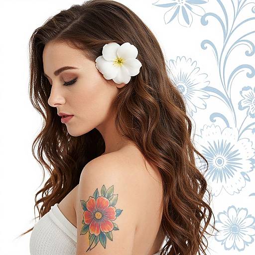 Young Woman with Flower Tattoo and White Flower Hair Accessory