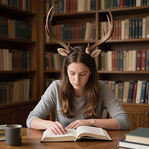 Photograph of a woman with deer antlers, long brown hair, gray sweater, reading a book in a wooden library with bookshelves.