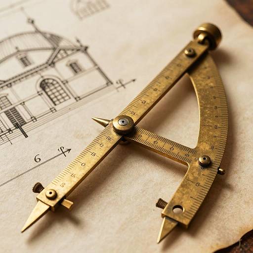 Vintage Protractor on Aged Architectural Plans