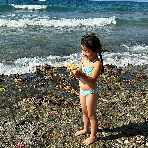 Photograph of a young girl with dark hair in a blue bikini, holding a starfish on a rocky, seaweed-covered beach with waves crashing in