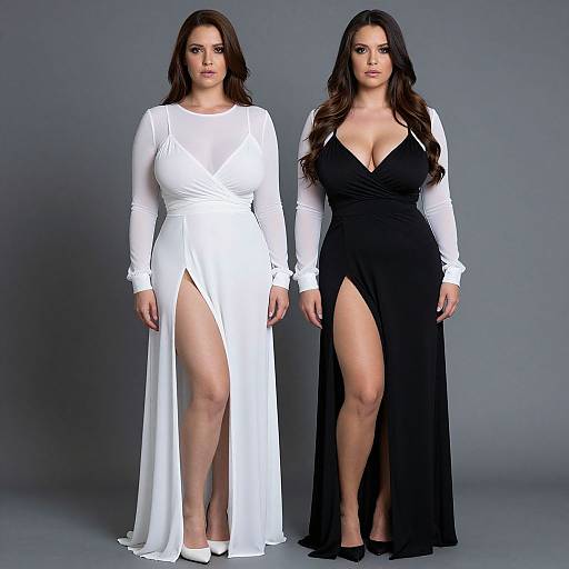 Photograph of two women with long dark hair, standing side-by-side. Left wears a white, long-sleeve, high-slitted dress;