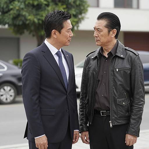 Two men standing outdoors facing each other