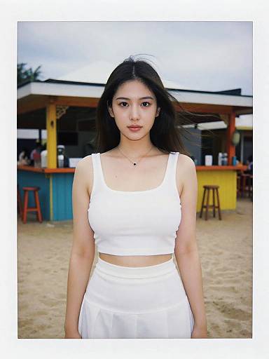 Photograph of an Asian woman with long black hair, wearing a white crop top and skirt, standing in front of a colorful beachside bar.