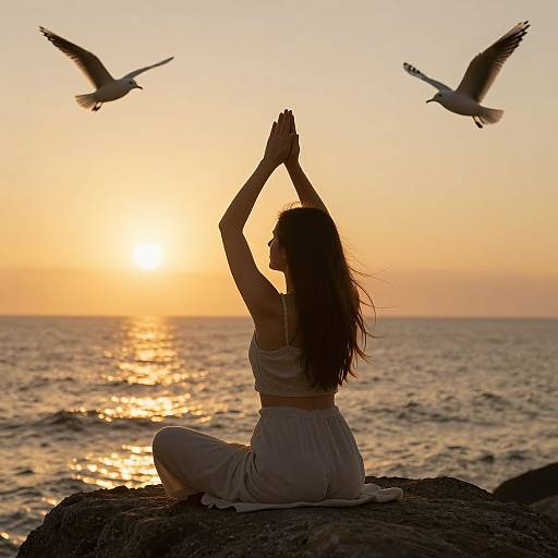 Silhouetted woman in white dress, sitting on rock, hands in prayer, two birds flying, sunset over ocean, serene, peaceful.