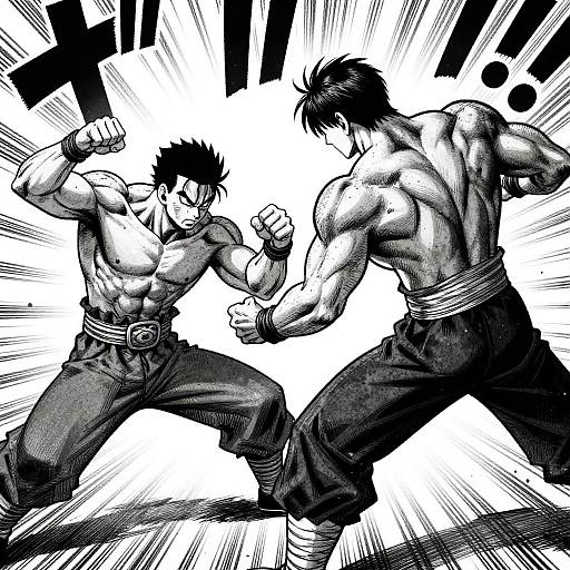 Black-and-white manga-style drawing of two muscular, shirtless males in fighting stances, wearing pants with wristbands, with dramatic speed lines in background