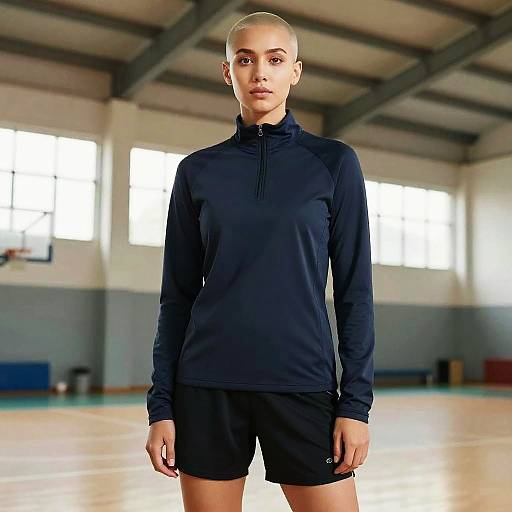 Photograph of a blonde, athletic woman with a shaved head, wearing a black long-sleeve top and shorts, standing in a bright, spacious