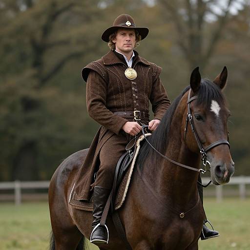 Photograph of a fair-skinned man in a brown historical costume riding a dark brown horse with a white blaze, outdoors in a grassy field with