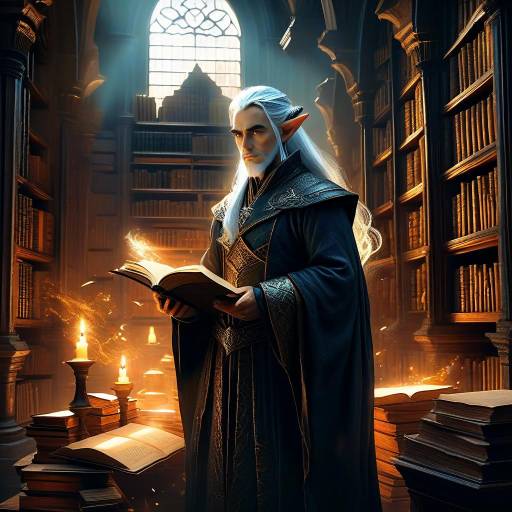 Elegant Elven Wizard in Ancient Library