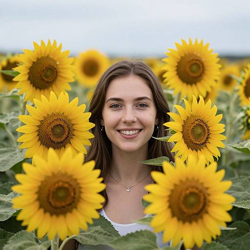 Photograph of a smiling young woman with long brown hair, wearing a white top, surrounded by bright yellow sunflowers in a field.