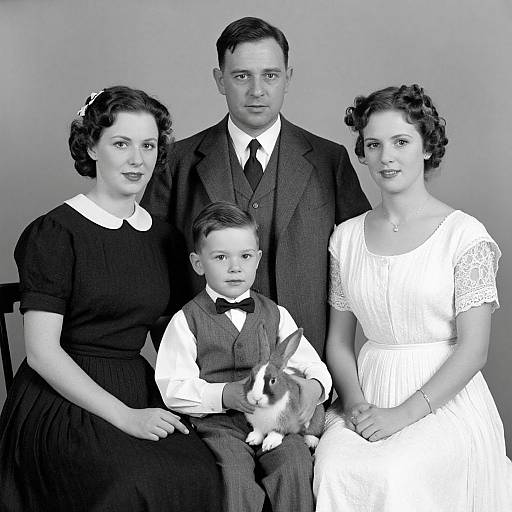 Black-and-white photograph of 1930s family: father in suit, mother in dark dress, daughter in white dress, son in vest and bow